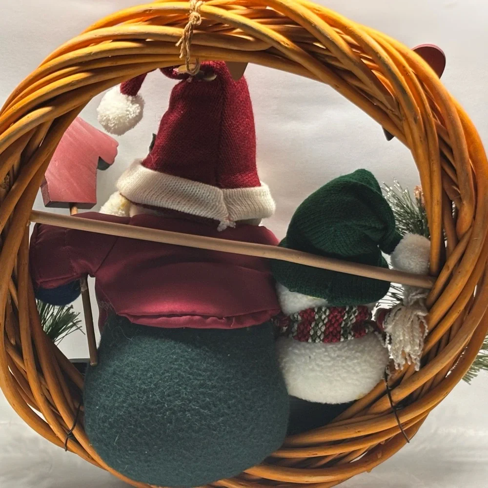 Vintage Festive Santa and Snowman Holiday Wreath - Red and Green